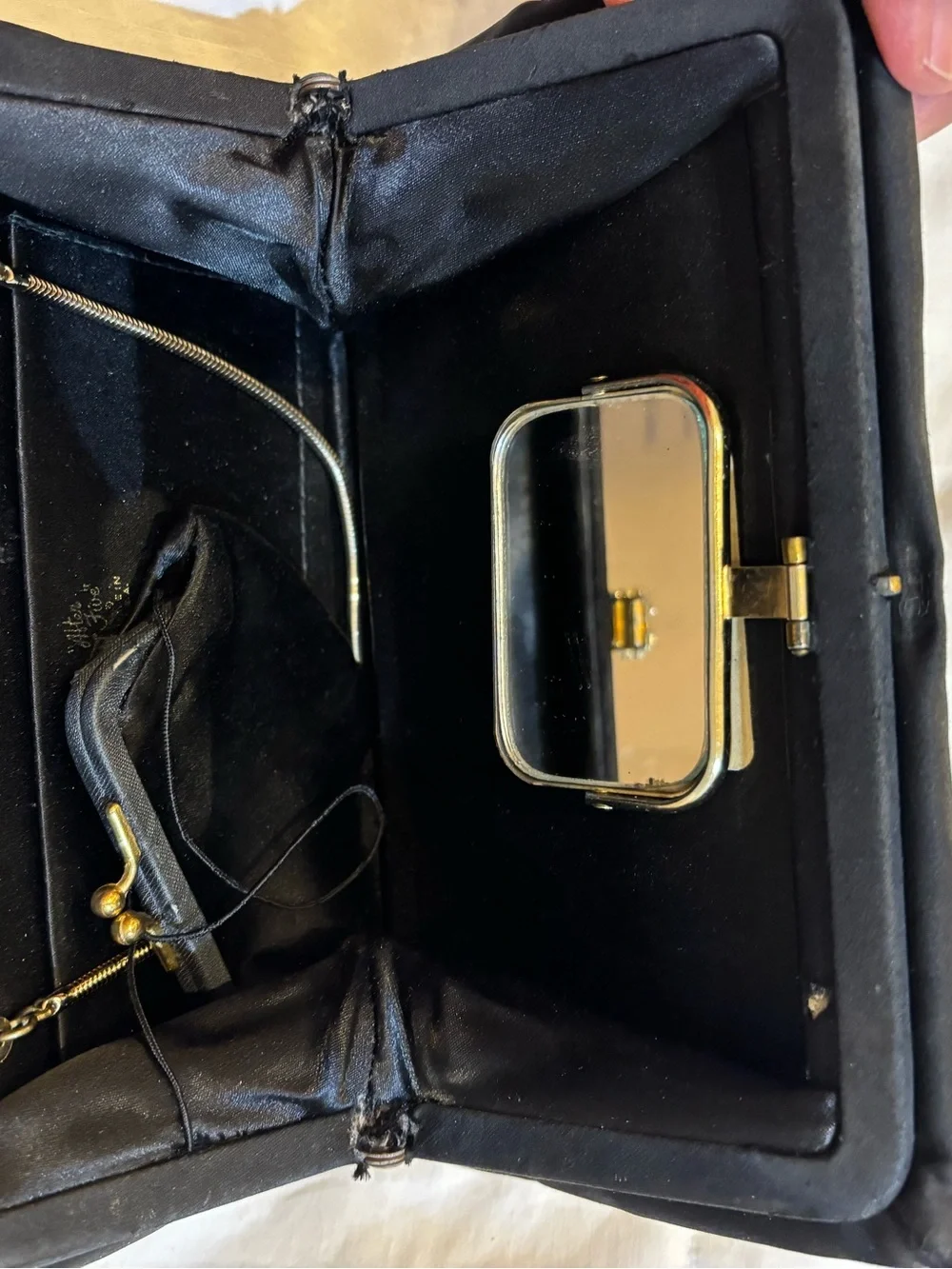 Vintage Mr Joselle Black Satin Evening Clutch with Crystal Kiss Lock